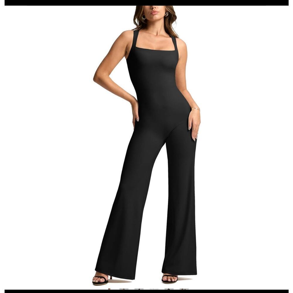 Vilanva Wide Leg Jumpsuit Square Neck Dressy One Piece Outfit Stretch Romper M